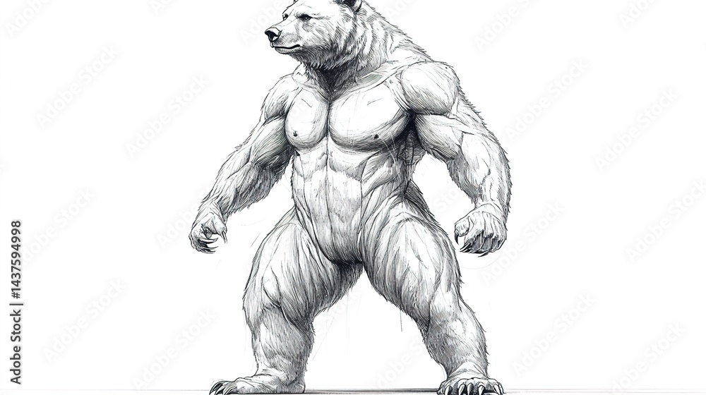 Fototapeta premium A muscular standing bear with hands on hips, depicted in a black and white sketch style, with a blank background, showcasing strength and confidence.