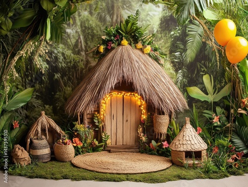 Jungle hut scene with decorations