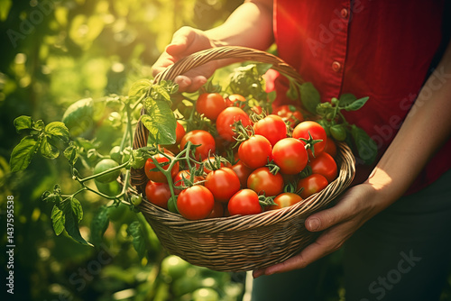 A basket full of freshly picked red tomatoes in a lush green garden, hands of a gardener holding one