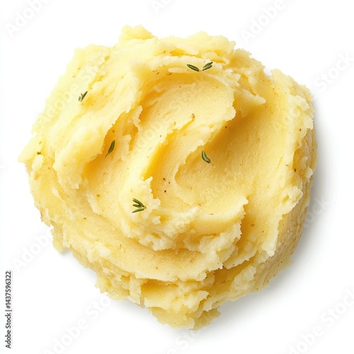 Delicious mashed potatoes with a pat of butter, isolated on a white background, beside crispy potato chips