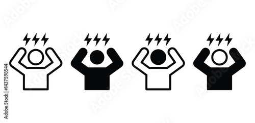 Stress Icon Set Black and White Illustrations of a Stressed Person with Lightning Bolts Vector Design