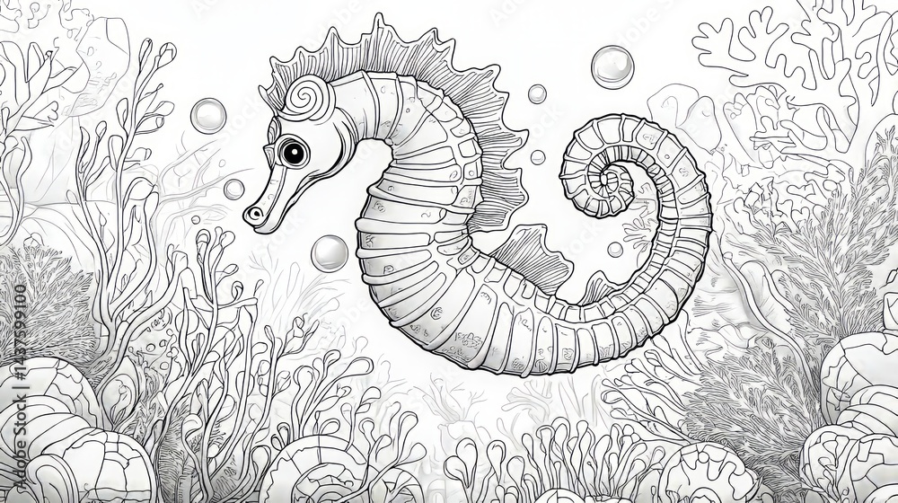 Fototapeta premium Detailed Seahorse Coloring Page for Relaxation and Creativity