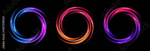 Set of bright neon frames swirl shape with curly dynamic lines isolated on black background. Abstract background. Stock vector futuristic design elements for badges, tags and labels.