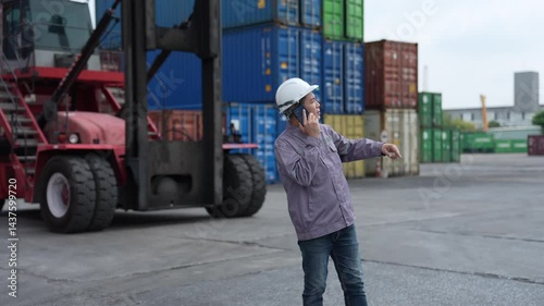 Supervisor in hard hat talking on phone and directing operations at a busy container yard, managing logistics and transport in a global supply chain setting.