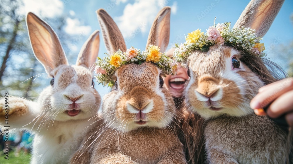Obraz premium Three rabbits with flower crowns