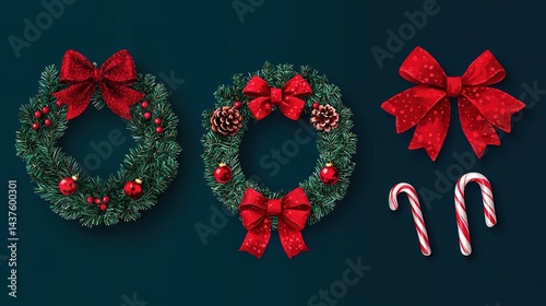 Stylish isolated christmas decorations with wreaths and candy canes festive holiday theme elegant design vibrant colors