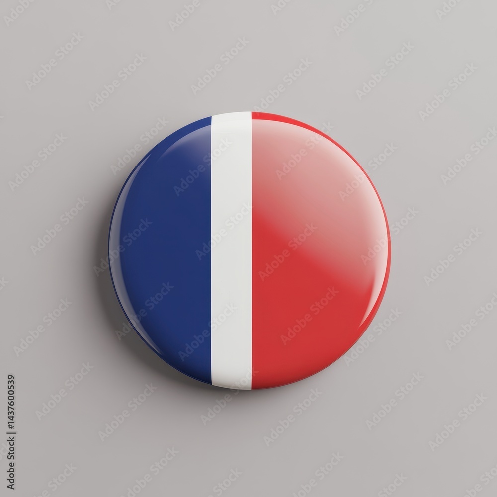 Round button-shaped flag badge. A glossy, circular pinback featuring a vertical tricolor design of blue, white, and red Round button-shaped flag badge. A glossy, circular pinback featuring a vertical tricolor design of blue, white, and red