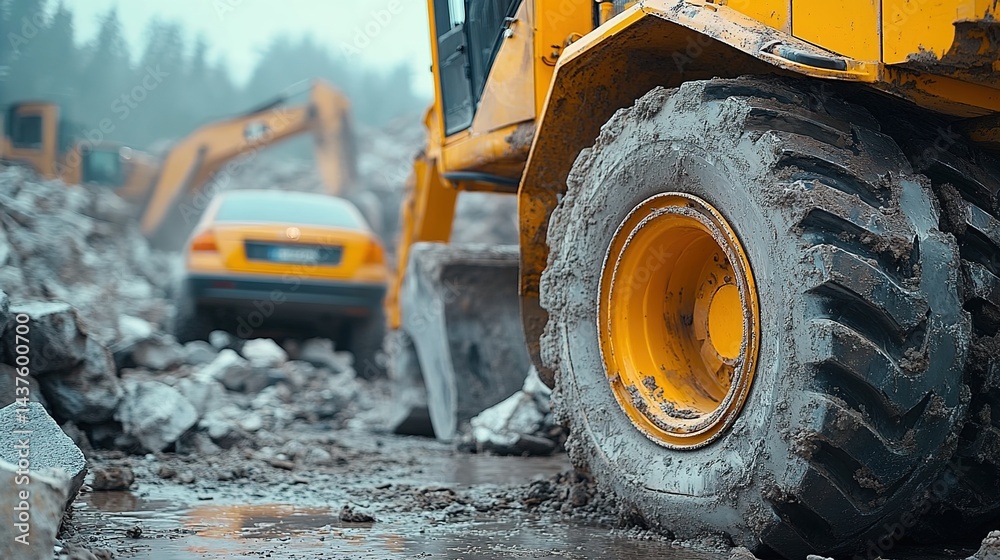 A yellow excavator working at a construction site, surrounded by rubble and dirt, with other construction vehicles in the background A yellow excavator working at a construction site, surrounded by rubble and dirt, with other construction vehicles in the background