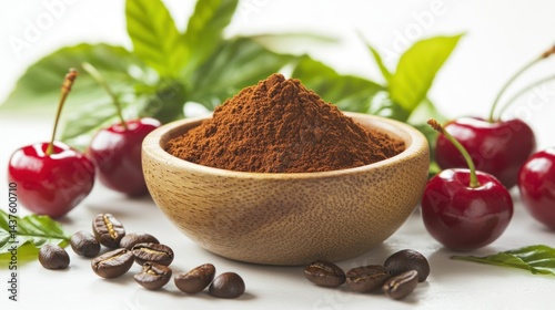 Dried cherry powder in a wooden bowl, surrounded by cherries and coffee beans