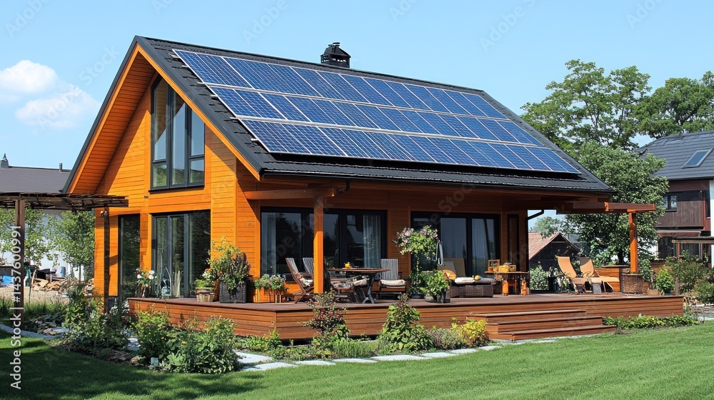 Naklejka premium Eco-Friendly Wooden House with Solar Panels