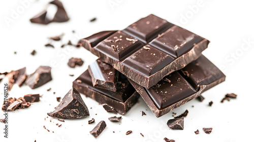 A pile of chocolate bars with some of them broken. The chocolate is dark and the pile is on a white background