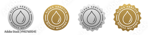 alpha arbutin serum ingredient badge, seal, stamp, sticker, logo, certificate, rounded, circle, silver gold. skincare formula, to reduce melasma 
