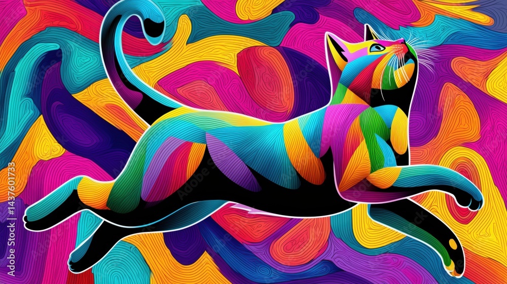 Obraz premium A vibrant abstract illustration of a multicolored cat leaping dynamically against a swirling background of bold saturated hues and energetic lines creating a lively and playful
