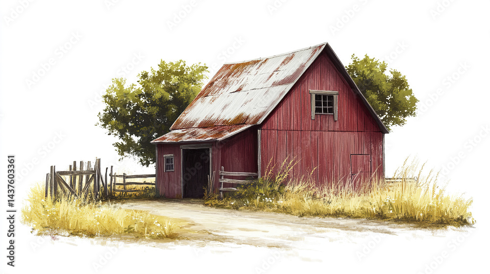 Obraz premium rustic red barn surrounded by tall grass and trees, evoking sense of tranquility and rural charm