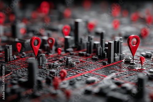 Red markers, sophisticated urban mapping, digital grid lines, and geofencing technology were used to create a stylized tiny metropolis. Generative Ai