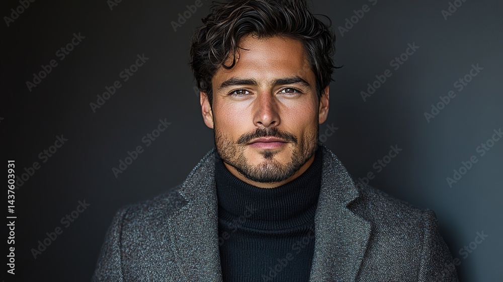 Fototapeta premium A man wearing a gray coat and a black turtleneck sweater, against a dark gray background, in a simple and elegant style, symbolizing fashion and maturity.