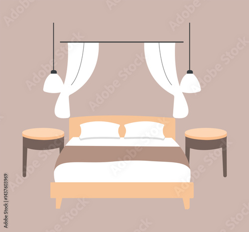 Modern Bedroom Interior cozy fashioned modern sleeping bed for apartment. Vector illustrations of comfortable house bed.