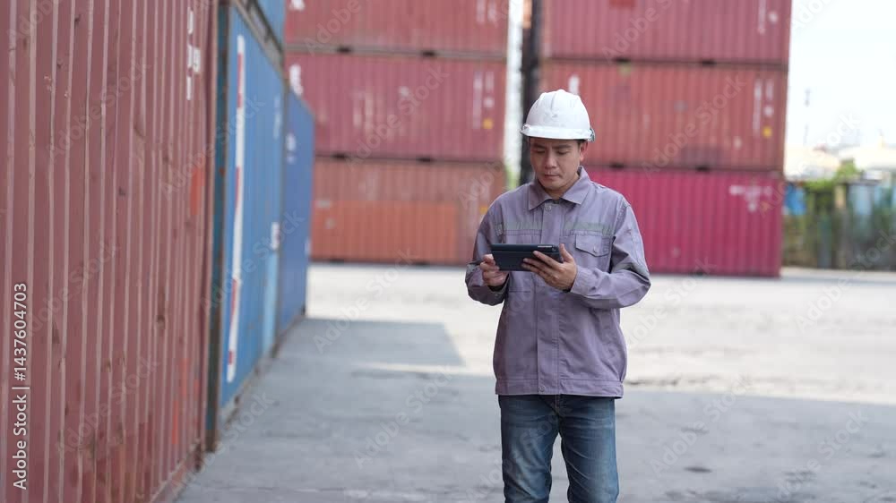 Inspector or supervisor wearing a helmet checks and points at shipping containers in a freight yard. Logistics, cargo management, supply chain, and transportation industry. Inspector or supervisor wearing a helmet checks and points at shipping containers in a freight yard. Logistics, cargo management, supply chain, and transportation industry.