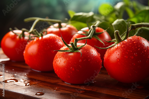 A close-up of red juicy tomatoes with water droplets, sitting on a rustic wooden cutting board with basil leaves, in natural sunlight, high detail food photography,