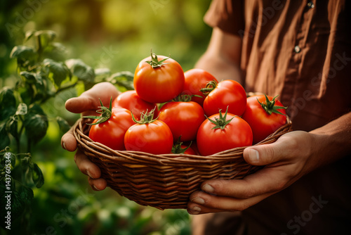 A basket full of freshly picked red tomatoes in a lush green garden, hands of a gardener holding one