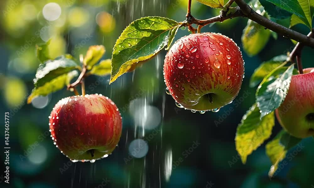 A close-up of red apples on a branch covered in water droplets.