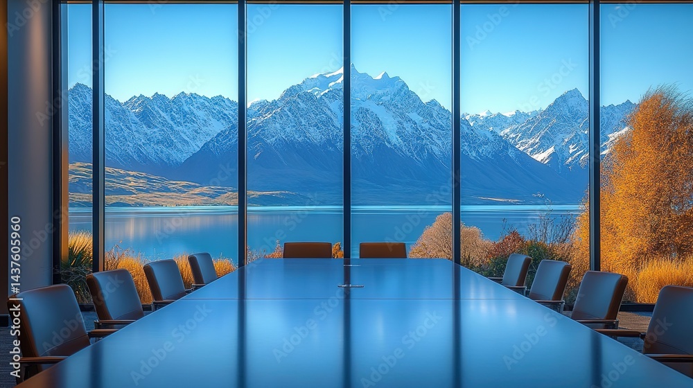 Fototapeta premium A modern conference room with a long table and black chairs, with a stunning view of snow-capped mountains and a lake outside the window