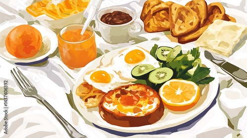 Wallpaper Mural Bright and colorful breakfast still life with eggs fruit and pastries overhead Torontodigital.ca