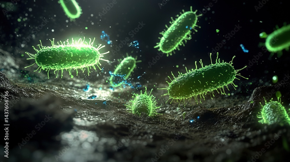 Fototapeta premium Several glowing green rod-shaped bacteria against a dark background, with tiny light spots and water droplets, in a sci-fi and microscopic style, symbolizing microbes and scientific research.