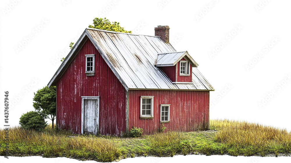 Fototapeta premium charming red farmhouse with rustic design, surrounded by tall grass and greenery