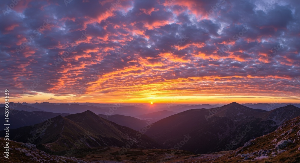 Naklejka premium Mountain Range Scenery at Colorful Sunset with Dramatic Cloudscape