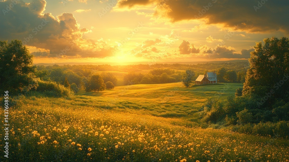 Obraz premium Sunrise over field of flowers with rustic cabin