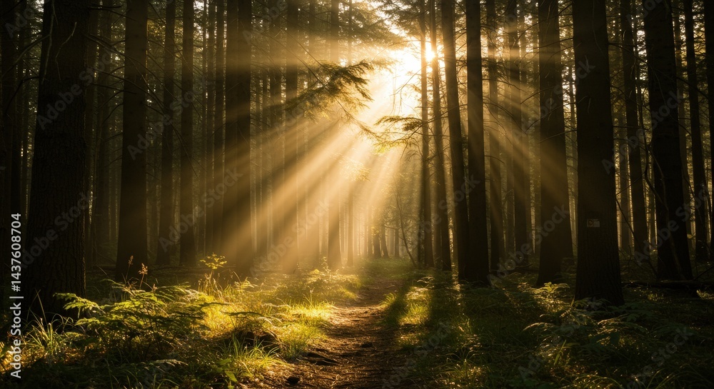 Obraz premium Sun Rays Streaming Through Tall Trees in a Forest Path