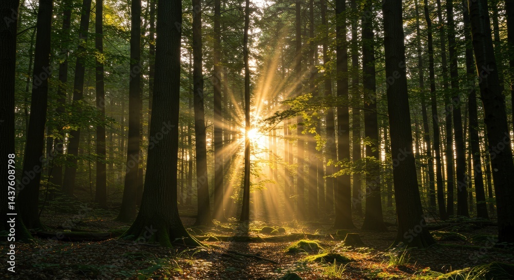 Obraz premium Sunlight Streaming Through Tall Forest Trees Creating a Serene Scene