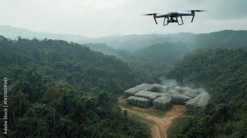 Fototapeta premium High Altitude Military Surveillance Drone Flying Over Remote Forested Area in Misty Environment