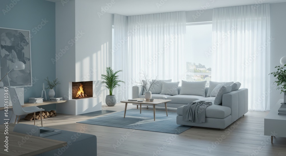 Fototapeta premium Living Room Interior with Fireplace and Modern Decor