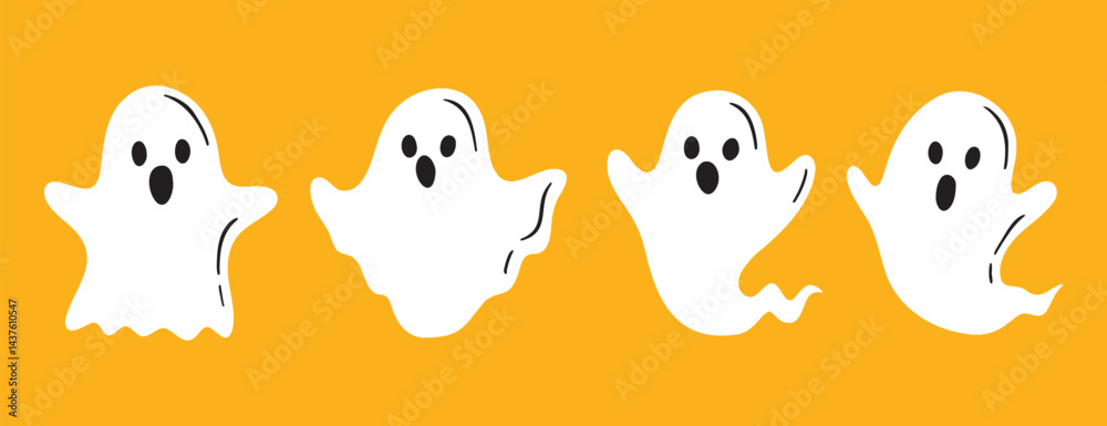 Simple cute halloween ghost set. Flat ghost hand drawn phantom poster, invitation, cover on an orange background Simple cute halloween ghost set. Flat ghost hand drawn phantom poster, invitation, cover on an orange background