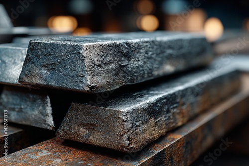 Ingots of beryllium metal stacked. metalworking in industry and scientific alloy bars. Solid element, production material. Generative Ai