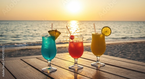 Colorful Drinks on Beach Table at Sunset Vacation Getaway