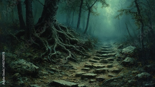 Mystical forest path, ancient roots, foggy woods, leading into mystery