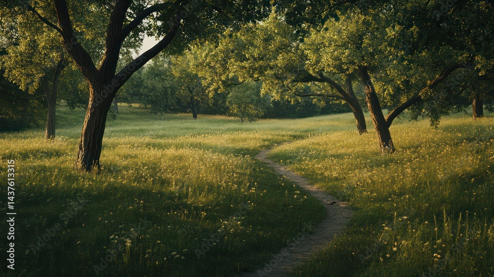 Gentle path amidst trees bathed in golden light Gentle path amidst trees bathed in golden light