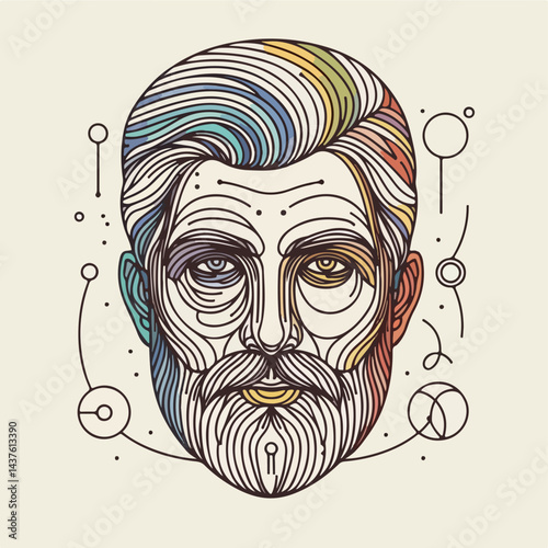 Artistic Portrait: An illustration of a bearded man, a testament to the art of line, evokes a spectrum of colors and a profound sense of contemplation.