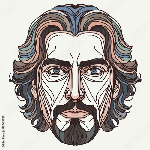 Introspective Man: A detailed illustration of a man's face, designed with geometric shapes and soft colors, suggesting depth of thought. 