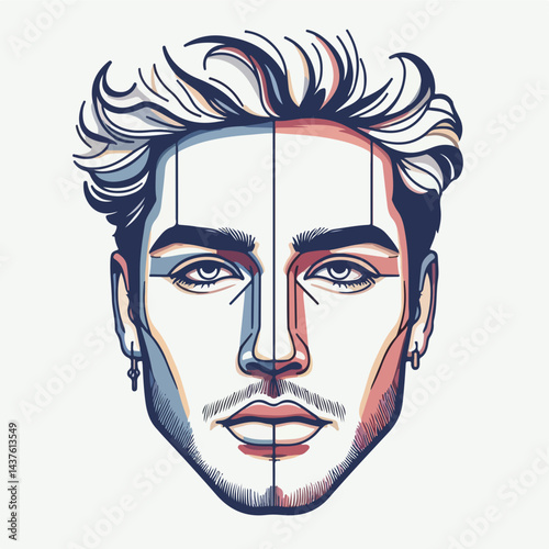 Artistic Facial Portrait: An artistic and stylized illustration of a man's face, meticulously detailed with lines and contours to highlight facial features, showcasing a blend of light and shadow. 