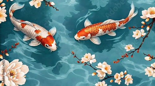 Elegant koi fish swimming gracefully in a clear blue pond