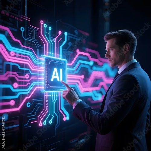 Businessman touching AI icon on application network system.