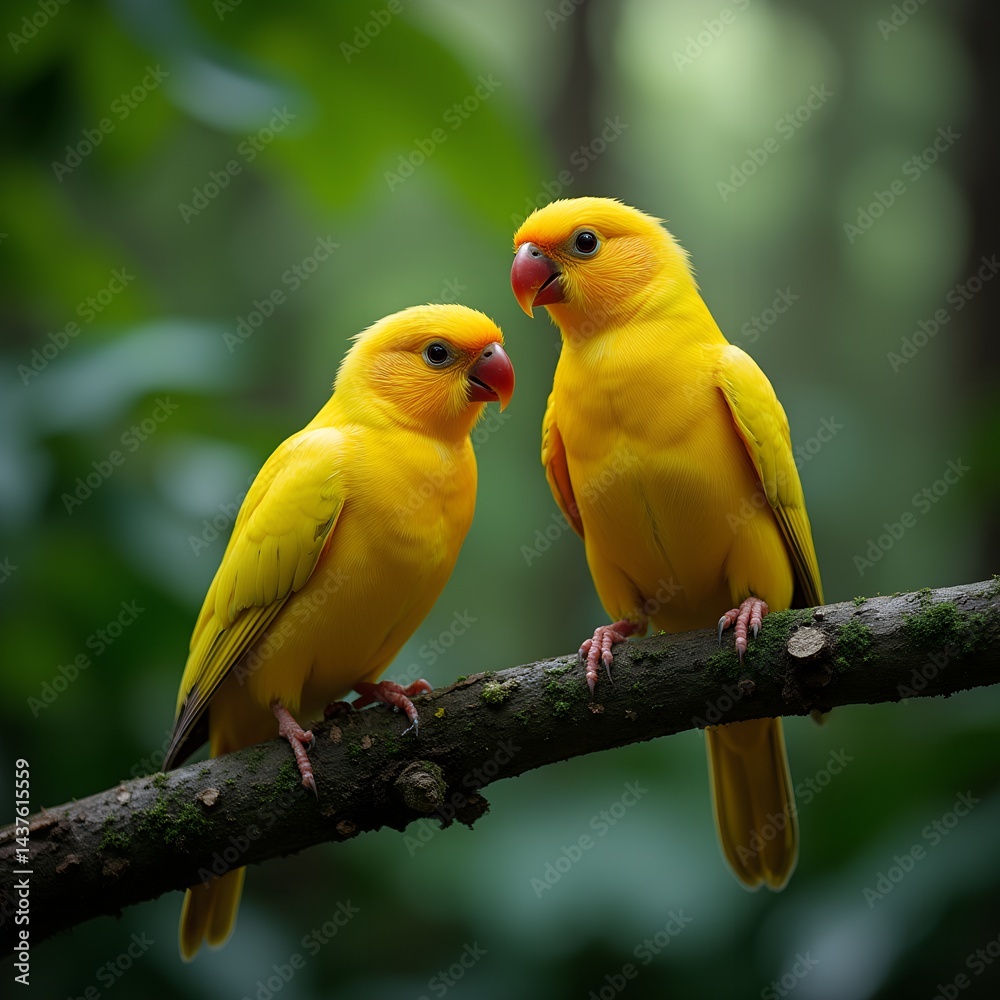 Fototapeta premium Three Bright Yellow Birds Sitting Together on a Forest Branch