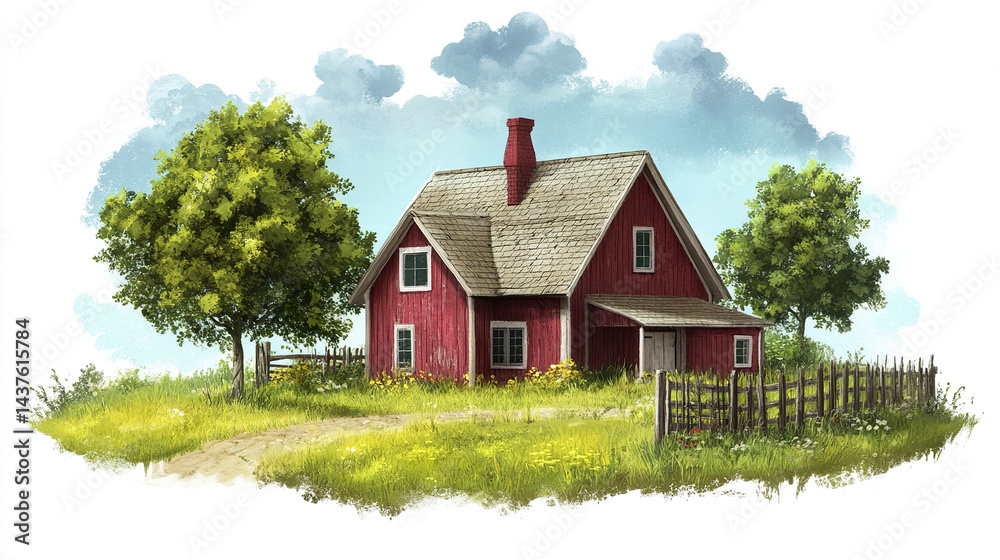 Fototapeta premium charming red farmhouse surrounded by lush greenery and rustic fence, evoking peaceful rural