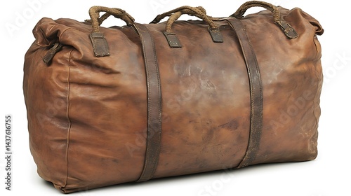 Distressed brown leather duffel bag with rope handles and straps