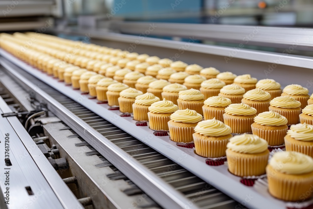 Cupcakes being prepared on a production line in a bakery during daylight hours highlighting the process of sweet treat assembly Cupcakes being prepared on a production line in a bakery during daylight hours highlighting the process of sweet treat assembly