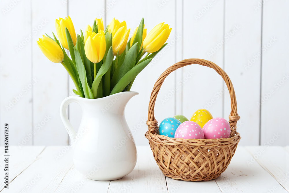 Obraz premium basket filled with colorful easter eggs next to a vase of yellow tulips
